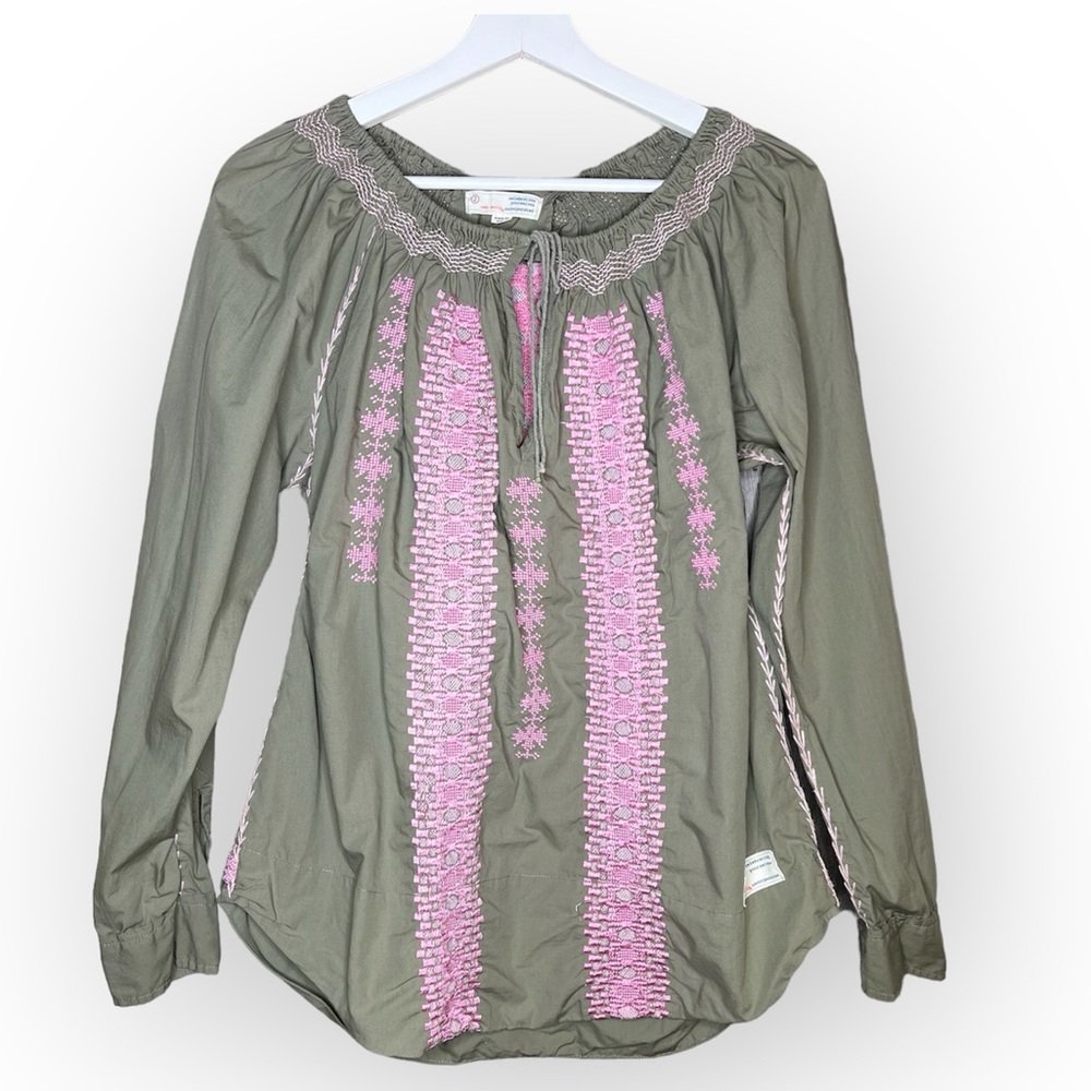 Odd Molly Anthropologie Olive/ Pink Embroidered Gathered Neck Peasant Blouse M